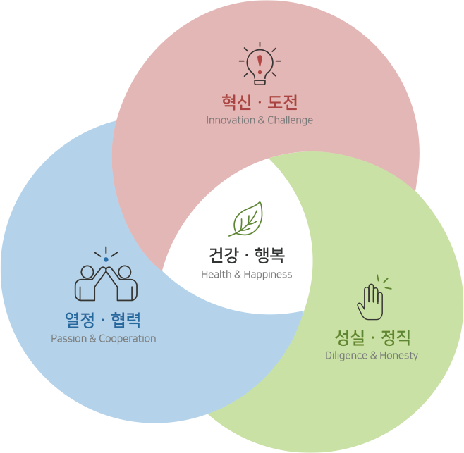 핵심가치 혁신,도전 열정,협력 성실,정직 건강,행복